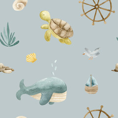 Watercolor Ocean Seamless Pattern with Cute Sea Animals - Whale, Turtle, Bird, Steering wheel, Shells and Boats – Marine Kids Background, Underwater Watercolor Illustrations. 