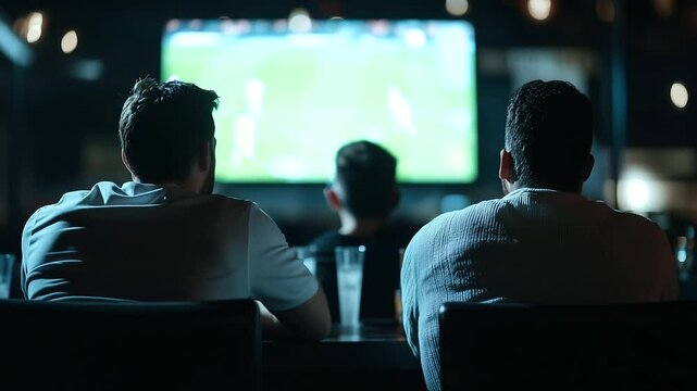 Men sitting together in a dark sports bar with large TV screens showing a football match, their attention fully captured by the game, enjoying the competitive atmosphere