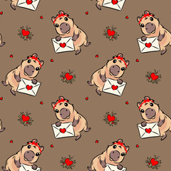 Seamless vector pattern with capybaras holding love letters and bouquets of roses. Romantic and playful design with hearts and elements for Valentine's Day, birthday. Vector.