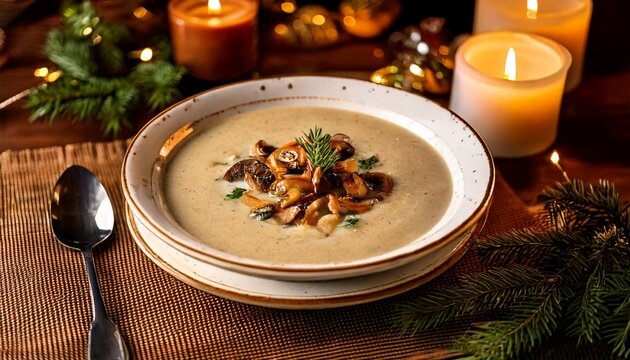 Una abundante sopa de invierno con champi&ntilde;ones y crema sobre la mesa, con velas y el ambiente navide&ntilde;o. Un acogedor almuerzo casero.