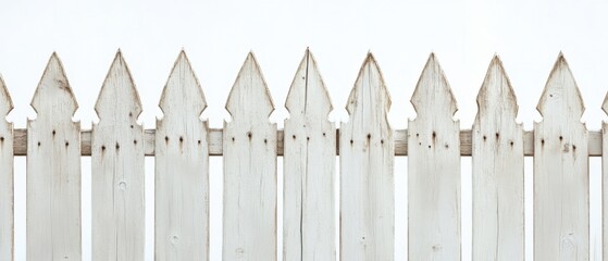 Fototapeta premium Rustic White Picket Fence Detail Close Up Front View Weathered Wood Texture Farmhouse Style Outdoor Boundary