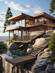 Obraz premium Modern house perched on cliffside with infinity pool overlooking ocean and natural rock formations