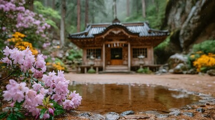 Serene Japanese Shrine in Misty Forest Garden.
