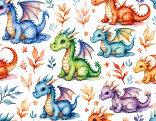 Group of whimsical watercolor dragons sitting on a white surface, perfect for illustration and design projects