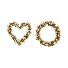 愛らしいピンクの花冠、ハートと輪、繊細な配置