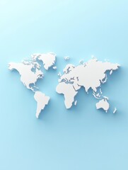 World Map on Blue Background Flat Lay Global Concept Minimalist Style Earth Continents Geography Cartography Design