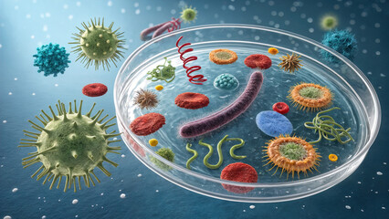 Naklejka premium microbes, bacteria, cells, organism, health, analysis, petri,