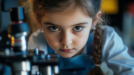 Fototapeta premium Girl Scientist: Microscope, STEM Education, Child Curiosity