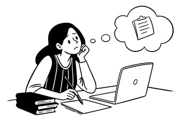 Sketch style doodle of Serious teen girl college student studying working from home office thinking on writing creative essay task or doubting looking away holding notebook learning remote school less