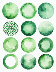 A set of green watercolor circles on white background, perfect for design and illustration projects