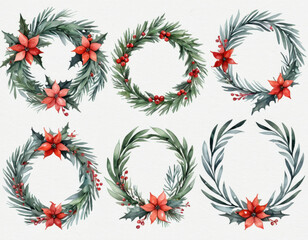 Decorative Christmas wreaths with red poinsettias, ideal for festive decorations or gifts