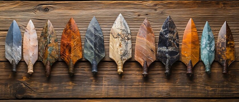 Colorful arrowheads on wood.  History