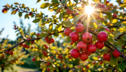 ripe fruit laden tree in harvest season under crisp sunlight, subject at top with clear copy space at bottom for photos.