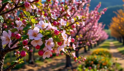 fruit bearing trees in full bloom during harvest season, subject on right under vivid illumination.