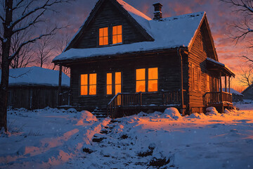 Footprints in fresh snow lead to a wooden house with a faint orange glow through the windows