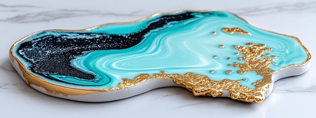 Abstract Teal and Black Agate Coaster with Gold Accents