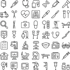 Create a Set of 49 outline icons related to medical equipment. Linear icon collection. Editable stroke. Vector illustration with white background.