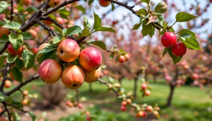 seasonal fruit trees bearing apples and cherries, subject at bottom with clear copy space at top.