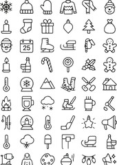 Create a Set of 45 winter, Christmas, new year line icons. Editable stroke. Outline collection with white background.