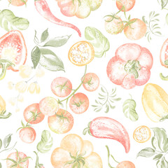 Hand drawn watercolor pattern with tomatoes, chili peppers, basil, and herbs. Seamless and tileable design for kitchen, textile, and food projects. Suitable for print and digital use.
