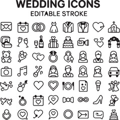 Create a various  wedding icons vector art with white background.