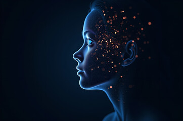 Obraz premium Holographic woman technological head portrait Futuristic face female humanoid robot.A Technological Future. information space. Copying space.generative ai