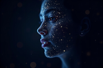 Holographic woman technological head portrait Futuristic face female humanoid robot.A Technological Future. information space. Copying space.generative ai