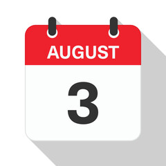 August 3 Daily Calendar. Red Theme on White Background