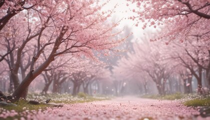 Softly falling sakura petals, blurred spring landscape  Pastel pink hues dominate ,  romantic background,  bokeh