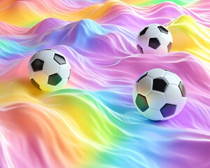Obraz premium Footballs on colorful waves 3d rendering
