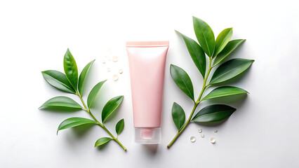 Pink cosmetic tube surrounded by green leaves on a clean white background