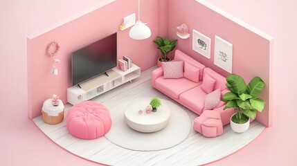 Isometric view round pink living room cozy style open inside interior architecture 3d rendering