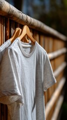 White t-shirts hanging on wooden bamboo fence
