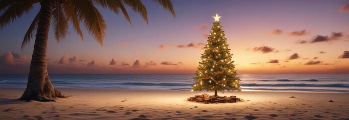 Lighted Christmas tree on deserted tropical beach, festive escape , lights, christmas tree
