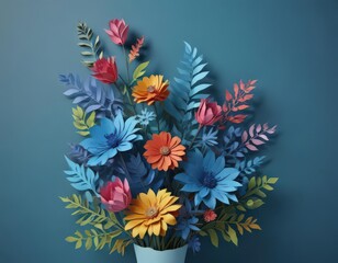 Colorful paper cut floral arrangement, blue background, copy space,  decoration, paper flowers,  spring