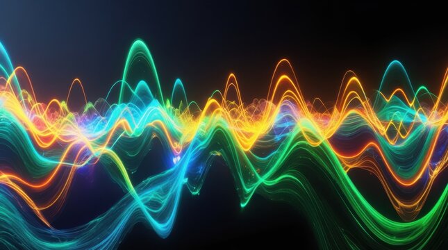 colorful digital sound waves, glowing frequency lines, futuristic audio visualization, light wave symmetry, techno pulse art