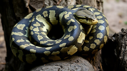 Fototapeta premium Reticulated Python: Coiled around a tree trunk, displaying its impressive size and pattern.