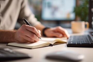 Close-up of Person Writing in Notebook Beside Laptop on Desk, Capturing Focus, Productivity, and Workspace Atmosphere