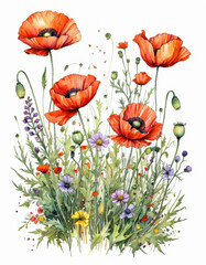 Fototapeta premium A colorful scene of red poppies and wildflowers in bloom