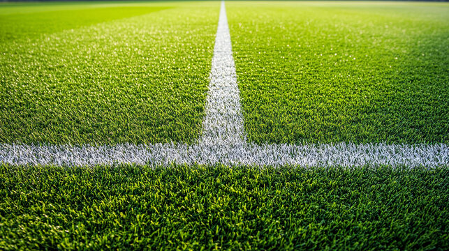 Close up of soccer field turf with white line for sports background and texture use case