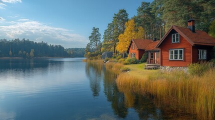 Fototapeta premium Serene lakefront cabins in autumn foliage. Tranquil reflections on water, with colorful trees and wooden structures along the shore