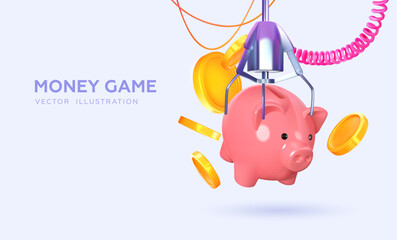 slot machine, crane machine grabs piggy bank with coins. In realistic style. Concept of saving money. Vector illustration