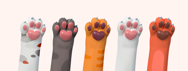 3d set of cat paw, dog with heart pad on paw. In realistic style. Vector illustration