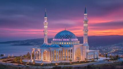 Obraz premium Sunset Serenity Coastal Mosque at Dusk.