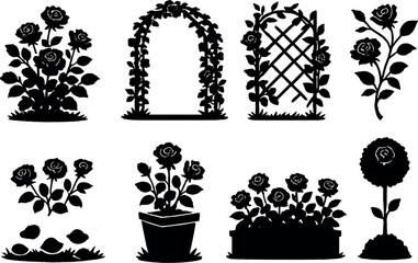 Rose garden icons set – silhouette, floral and botanical symbols for elegant design