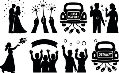 Just married silhouette icons set – simple wedding celebration and ceremony symbols