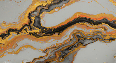Abstract fluid art painting background with gold black orange and gray texture marble effect design 100char