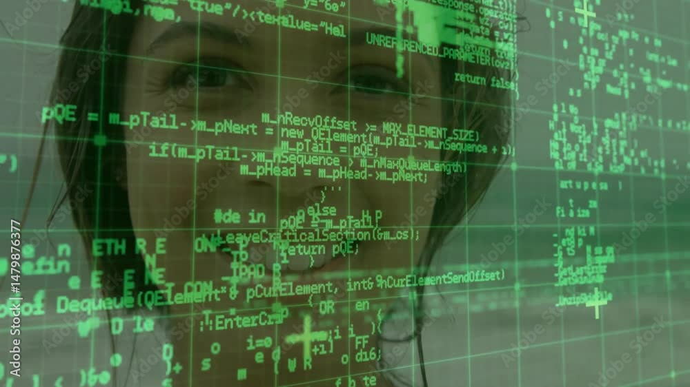 Aufkleber female engineer examining green code overlay in tech interface with floating function calls