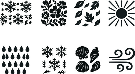 Seasonal nature silhouette icons set &ndash; outline, floral and weather symbol collection