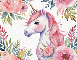 Watercolor illustration of a unicorn surrounded by colorful flowers